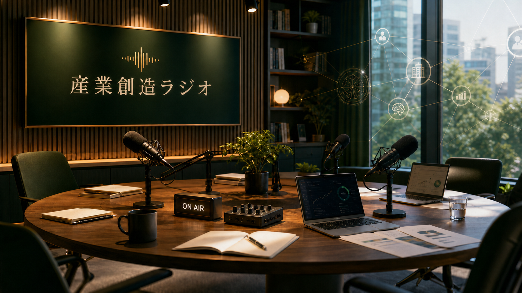 AI時代の産業創造ラジオの収録スタジオと新結合ネットワークのイメージ